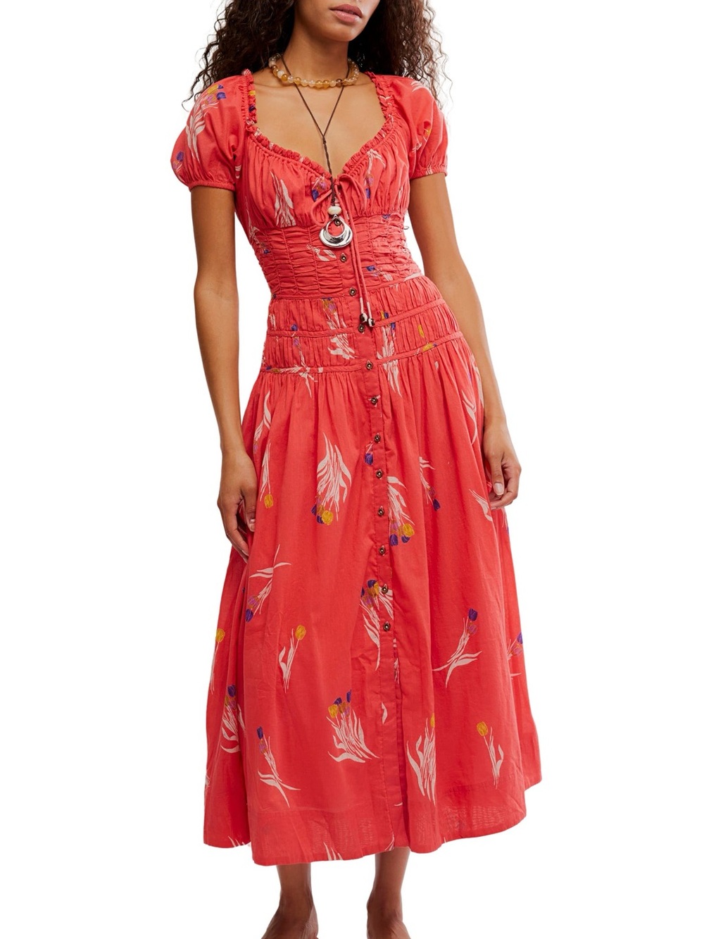Free People Cotton Red Floral Midi Dress Sz M NWT